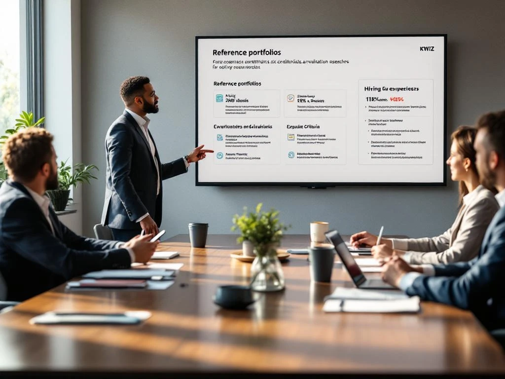 KWIZ-presentator toont beleidsonderzoek referentieportfolio's aan gemeenteambtenaren in professionele vergaderruimte