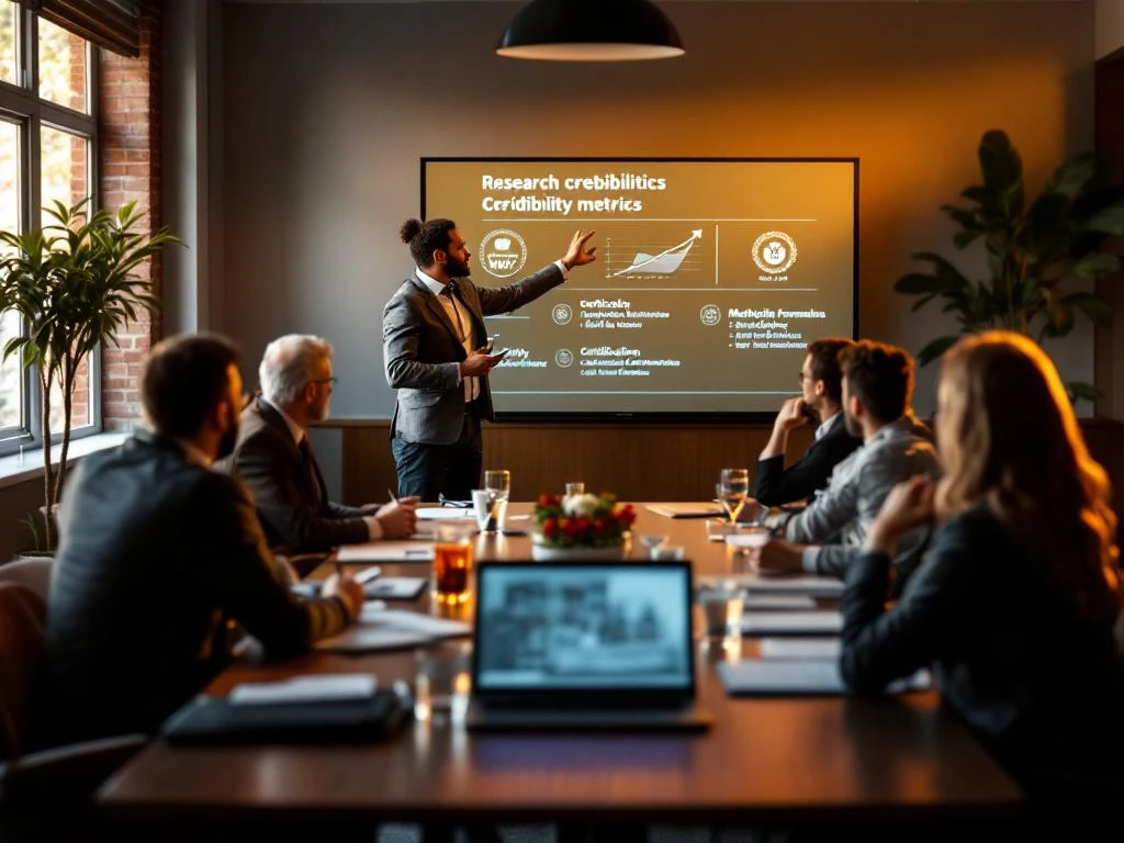 KWIZ-presentator toont onderzoekskwaliteitsmetrieken aan gemeenteambtenaren en zorgmanagers in professionele vergaderruimte