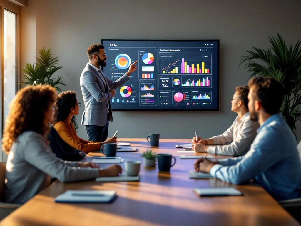 KWIZ-presentator toont sociale domein dashboards aan lokale bestuurders en zorgmanagers in moderne vergaderruimte