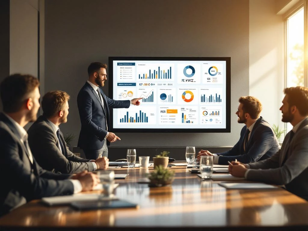 KWIZ-presentator toont budgetallocatiegrafieken en ROI-data aan gemeenteambtenaren in professionele vergaderruimte