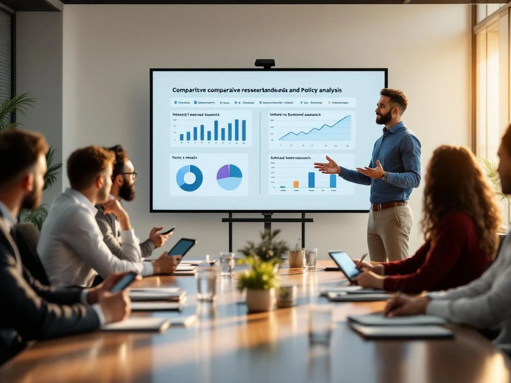 KWIZ presentator toont onderzoeksgrafieken aan overheidsmedewerkers in professionele vergaderruimte met natuurlijk licht