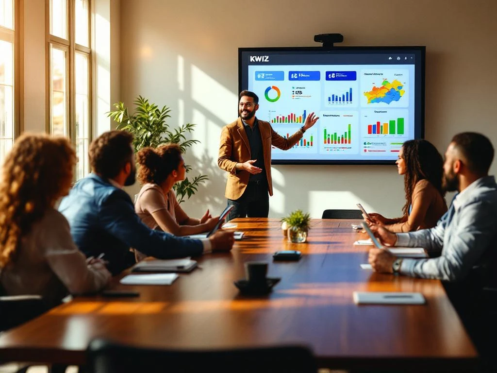 KWIZ-presentator toont datavisualisaties aan lokale beleidsmakers in vergaderruimte tijdens sociale beleidspresentatie