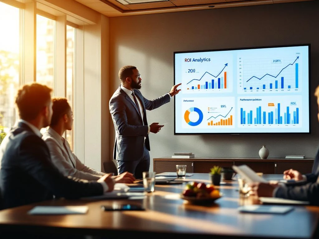 KWIZ-presentator toont ROI-analytics met stijgende grafieken aan gemeenteambtenaren in moderne vergaderruimte