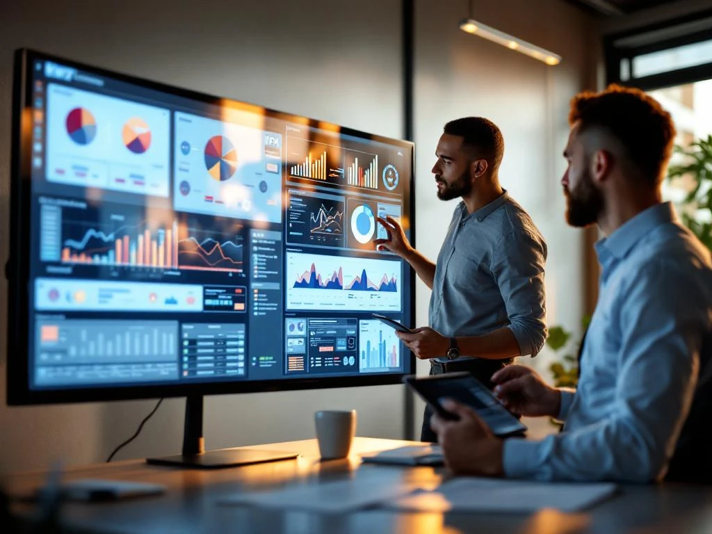 Data specialist en beleidsmedewerker bekijken KPI-dashboards op touchscreens in modern kantoor