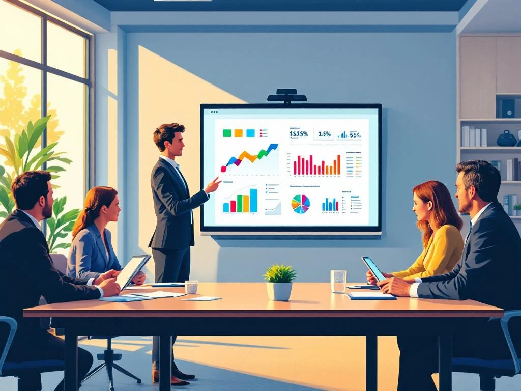 Presentator toont grafieken over schoolprogramma's aan overheidsmedewerkers in moderne vergaderruimte