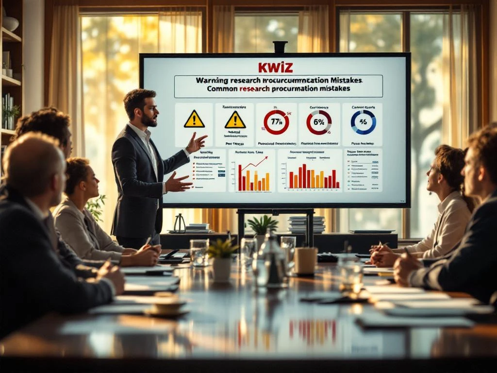 KWIZ-presentator toont waarschuwingssymbolen voor onderzoeksprocurementfouten aan gemeenteambtenaren in vergaderruimte