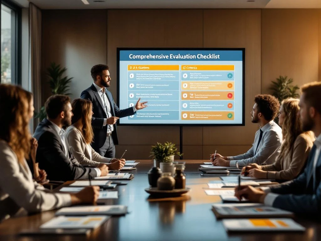 KWIZ consultant presenteert evaluatiechecklist met 12 criteria aan diverse gemeenteambtenaren in moderne vergaderruimte