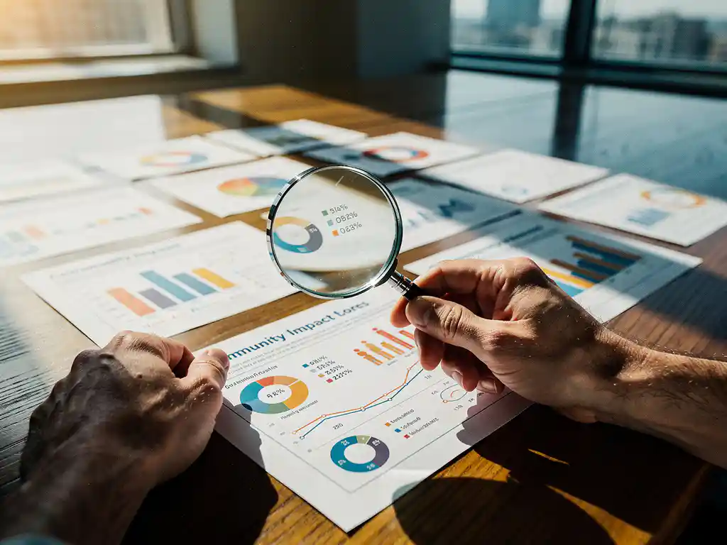Onderzoeker plaatst kleurrijke datavisualisaties en gemeenschapsrapporten op houten vergadertafel, vergrootglas toont sociale statistieken