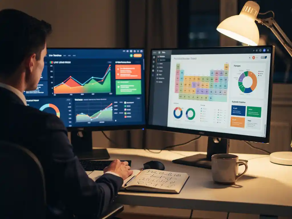 Data-analist vergelijkt live trendsdashboard met kleuralarmen en periodiek rapport op twee monitoren, notitieboek en koffiemok op bureau.