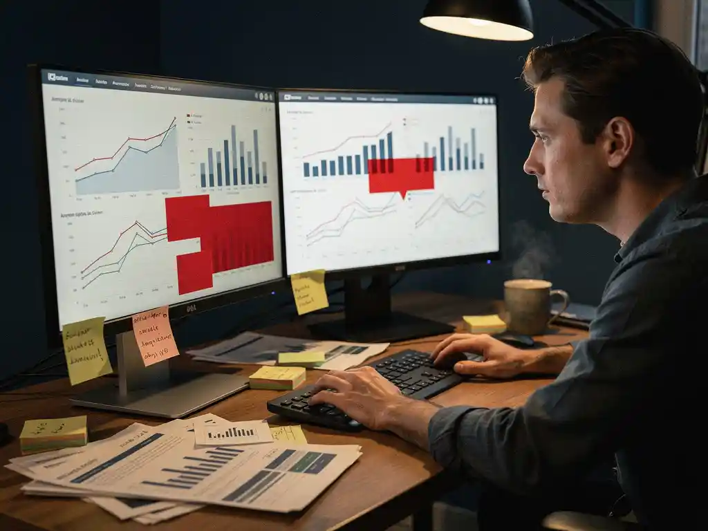 Data-analist bestudeert KPI-dashboard met trendlijnen op twee monitoren, waarbij een rode anomalie opvalt, omringd door notities en rapporten.