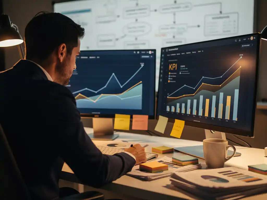 Data-analist bestudeert KPI-dashboard met trendlijnen op twee monitoren, omringd door rapporten en sticky notes, warm bureaulampje.