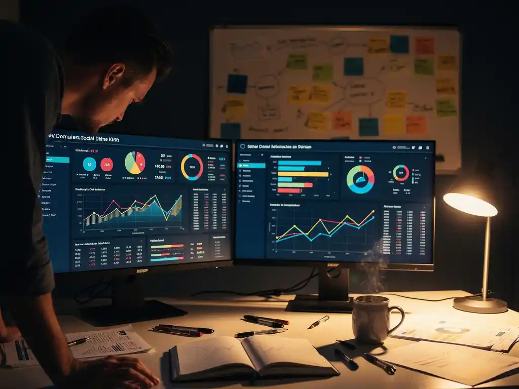 Data-analist bekijkt KPI-dashboards met gemeentelijke indicatoren op twee monitoren, koffie en notitieboek op bureau, zachte bureaulamp.
