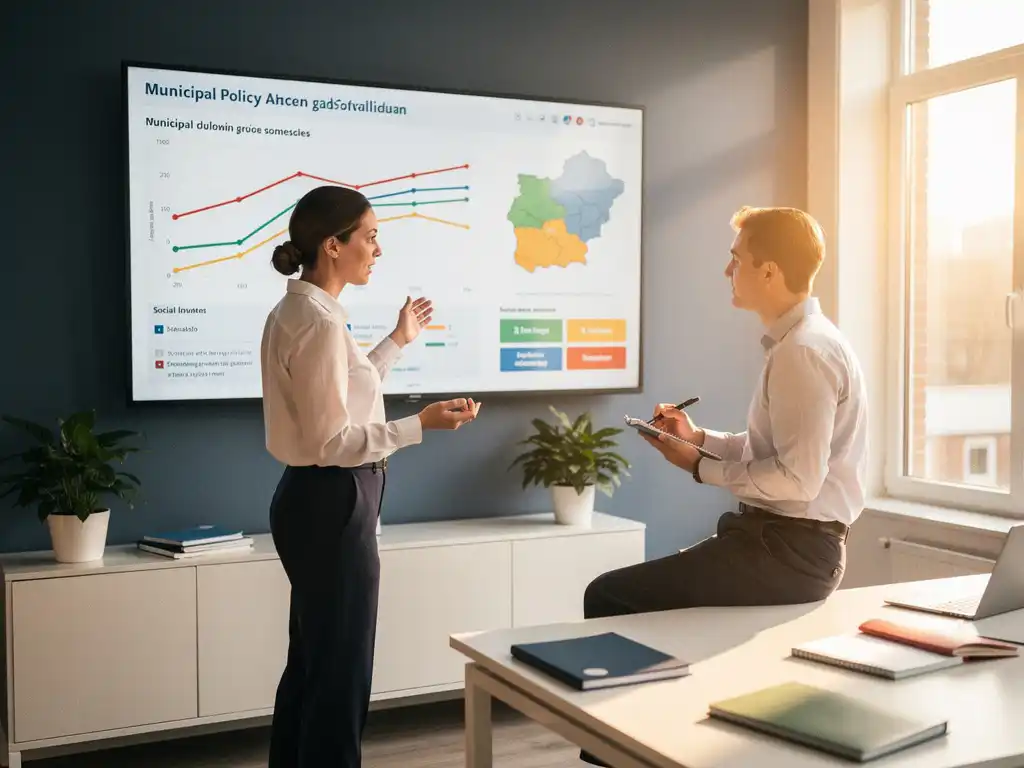 Gemeenteambtenaar en dataspecialist analyseren dashboard met trendlijnen en regionale kaarten in modern Nederlands gemeentekantoor.