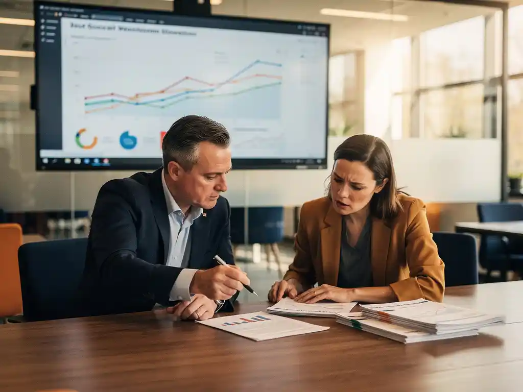 Beleidsmedewerker en dataspecialist analyseren dashboard met trendgrafieken en sociaal domein indicatoren in Nederlands gemeentekantoor.