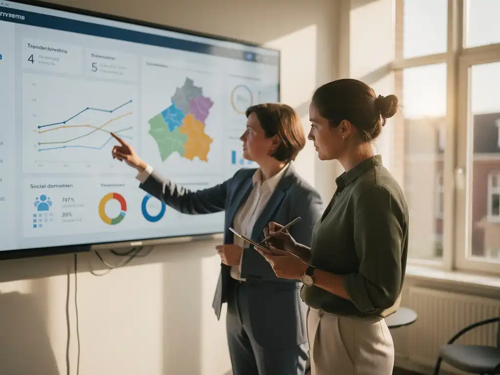 Beleidsmedewerker en dataspecialist analyseren dashboard met trendlijnen en regionale kaarten in Nederlands gemeentekantoor.