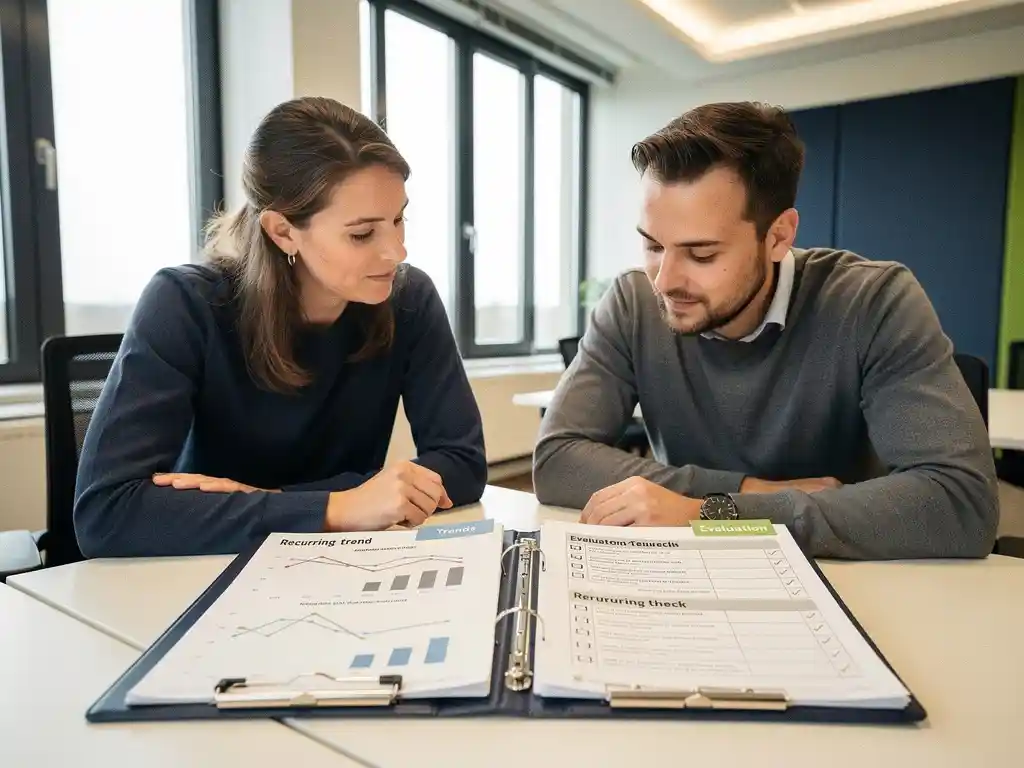 Beleidsmedewerker en dataspecialist bekijken trend- en evaluatiebinders op vergadertafel in modern gemeentekantoor.