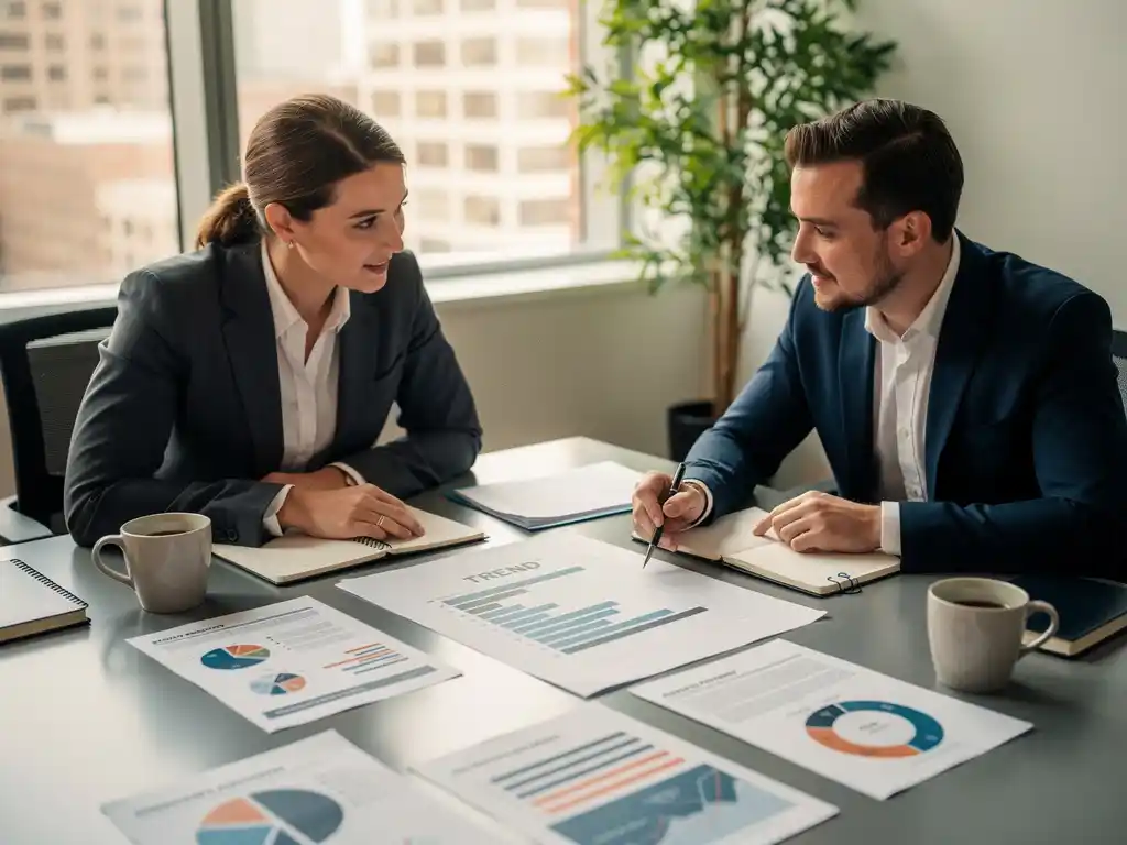 Beleidsmedewerker en consultant bespreken trendgrafieken en beleidsrapporten aan een vergadertafel in natuurlijk daglicht.