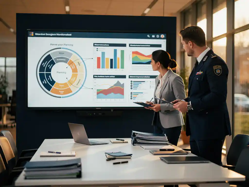 Beleidsmedewerker en dataspecialist analyseren planningscyclus en monitoringdashboards op groot scherm in Nederlands gemeentekantoor.