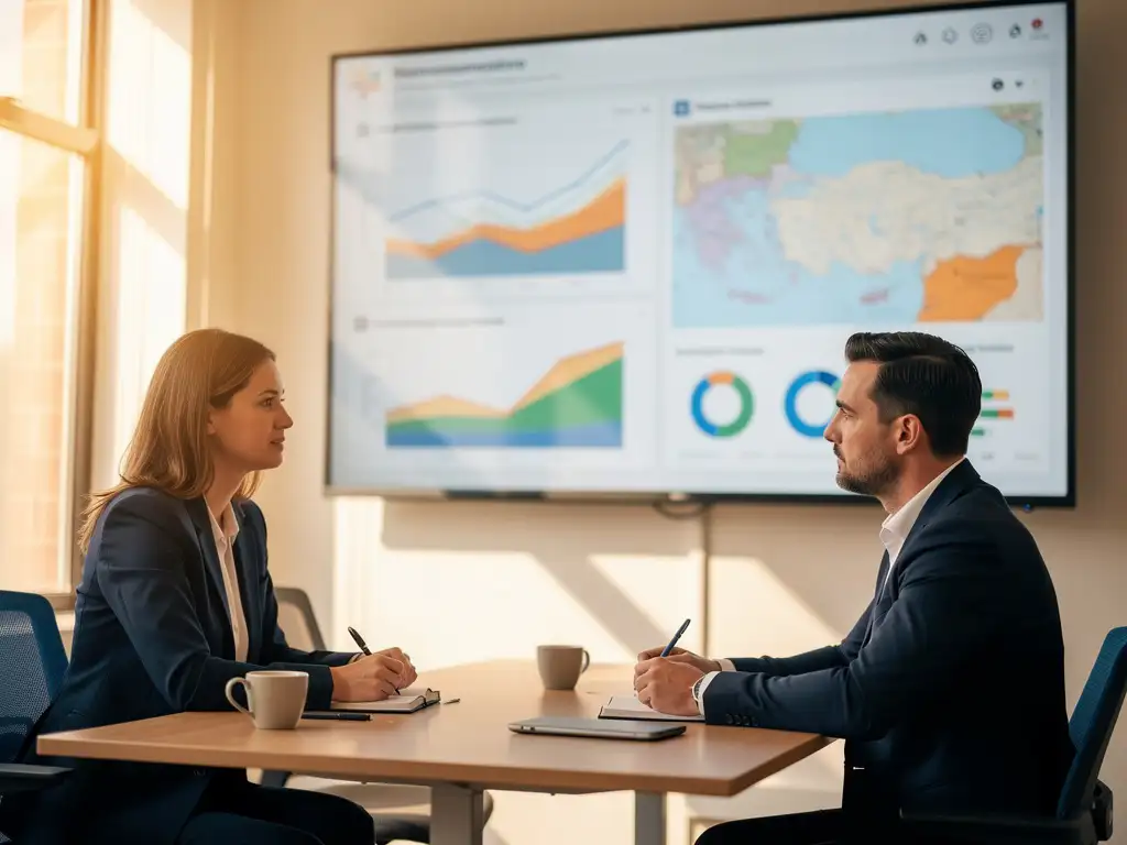 Beleidsmedewerker en data-analist bestuderen een groot dashboard met trendgrafieken en regionale kaarten in een modern gemeentekantoor.