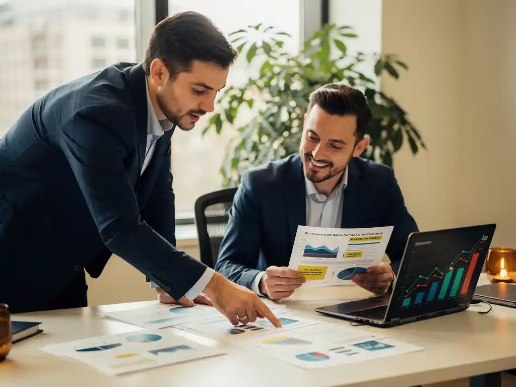 Beleidsmedewerker en data-specialist bespreken onderzoeksrapporten en trendgrafieken op laptop aan modern bureau in daglicht.