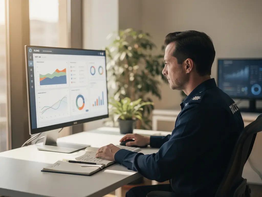 Beleidsmedewerker aan modern bureau bestudeert KPI-dashboard met grafieken op monitor, notitieboek met aantekeningen op bureau, natuurlijk daglicht.