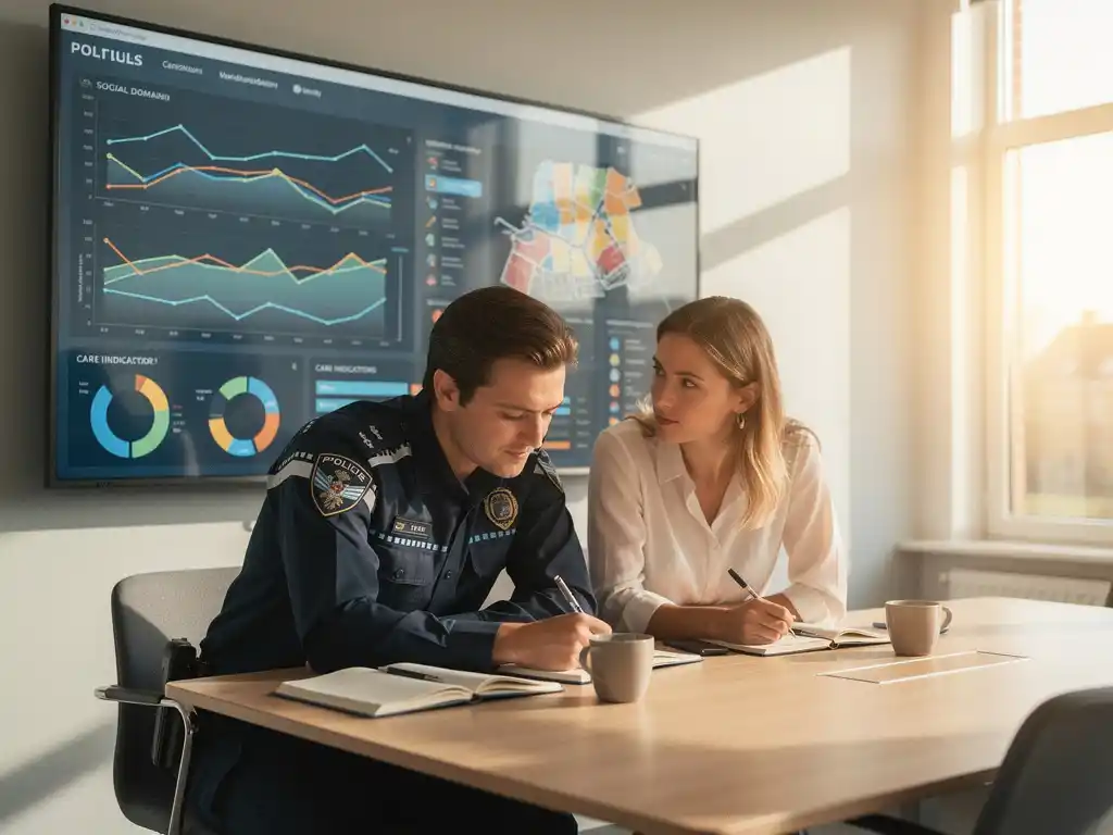Beleidsmedewerker en dataspecialist analyseren gemeentelijk dashboard met sociale trends, buurtkaarten en zorgindicatoren in modern Nederlands gemeentehuis.