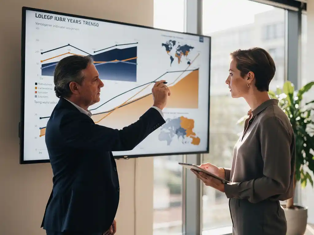 Beleidsmedewerker en data-analist bekijken meerjarige trendgrafieken en regionale kaarten op groot touchscreen in modern Nederlands kantoor.