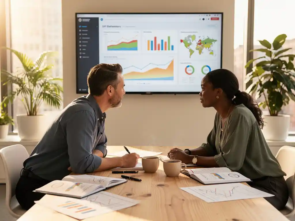 Beleidsmedewerker en dataspecialist bekijken KPI-dashboard met grafieken en regionale kaarten op kantoormonitor.