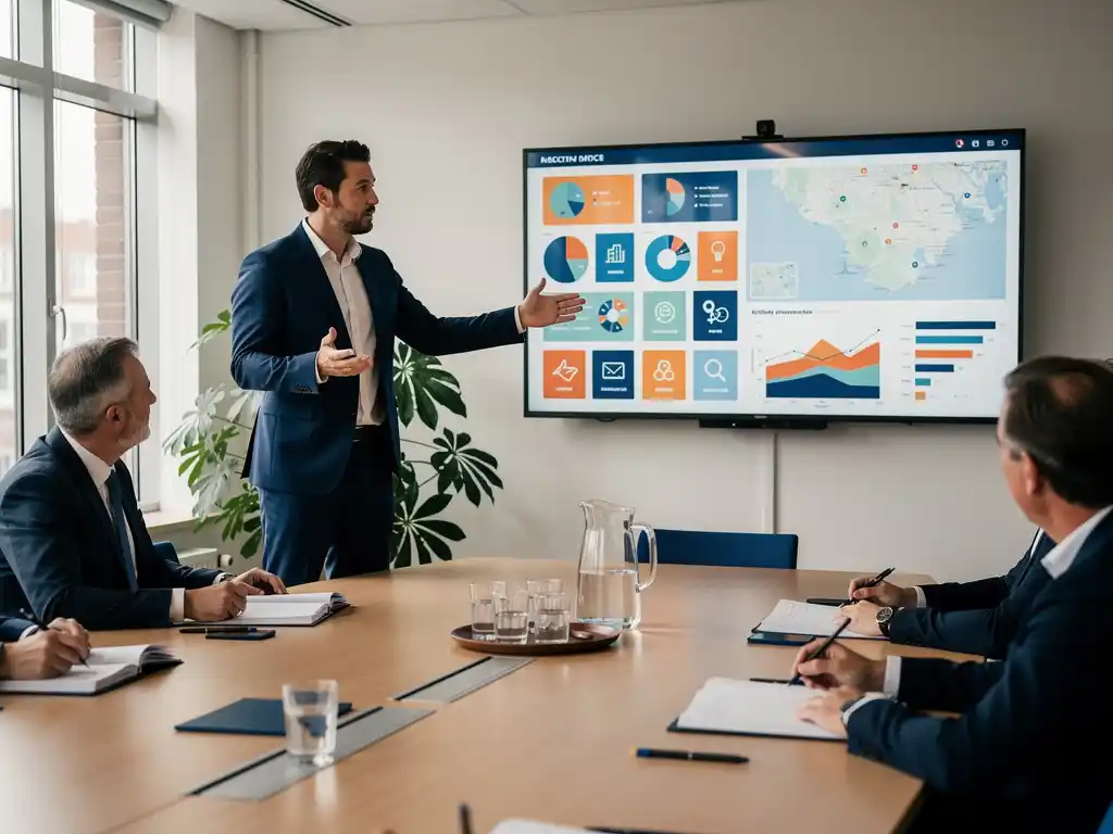 Presentator wijst naar beleidsdata op groot scherm terwijl bestuurders aandachtig luisteren in Nederlandse gemeentelijke vergaderzaal.