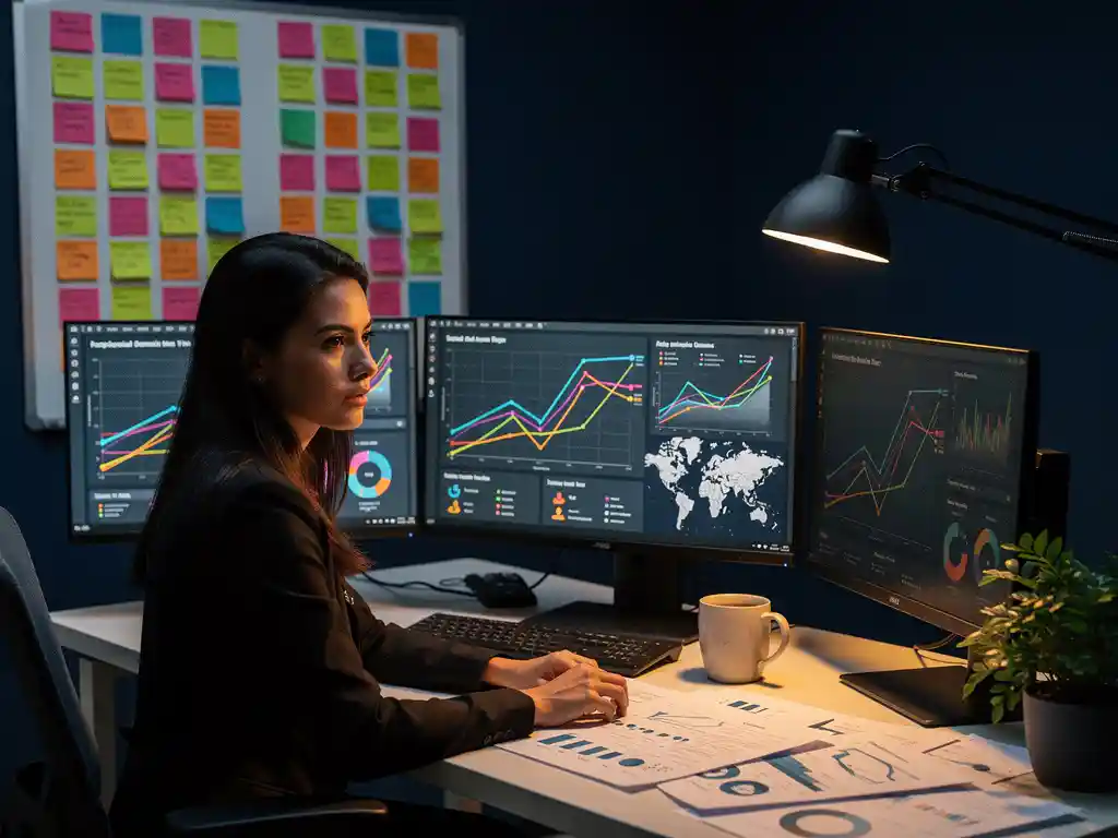 Vrouwelijke data-analist analyseert sociaal dashboard met trendlijnen en regionale kaarten op groot monitor, omringd door rapporten en notities.