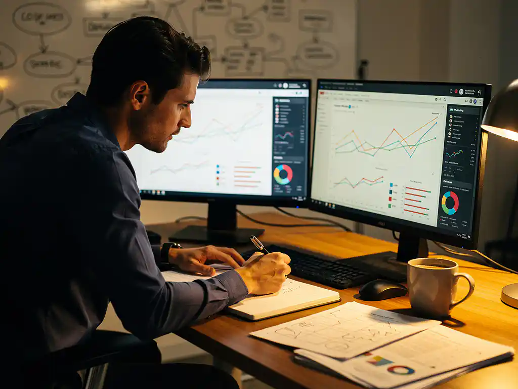 Data-analist bestudeert statistieken op twee monitoren, pen in hand boven notitieboek, koffie en rapporten op bureau, whiteboard op achtergrond.