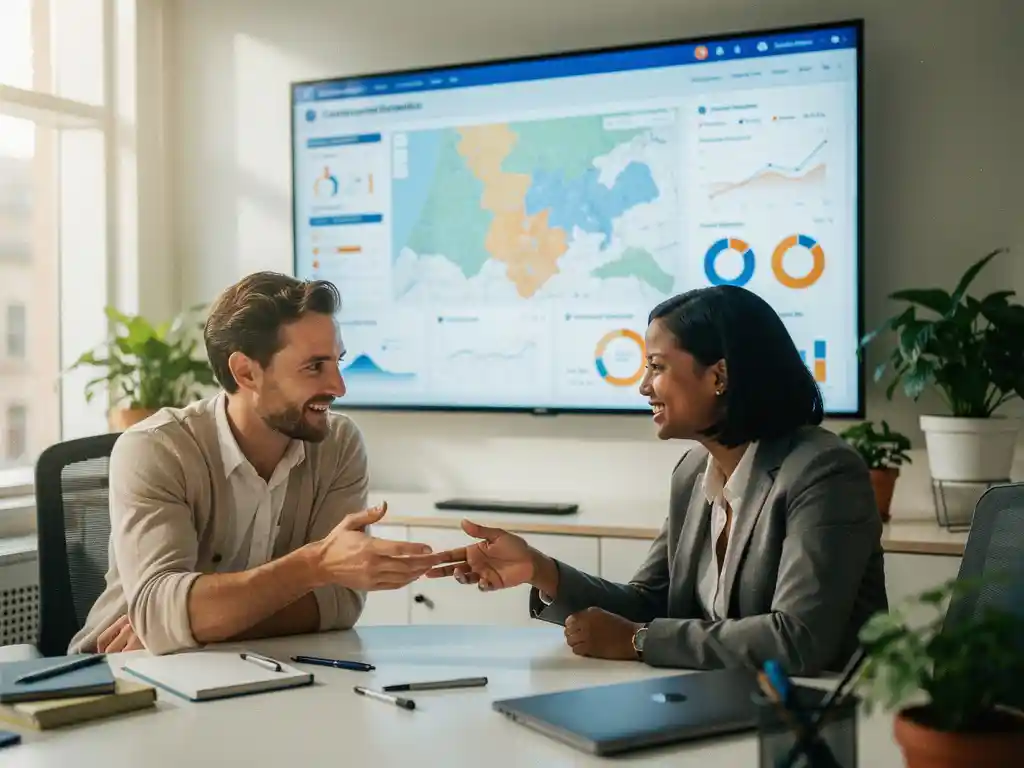 Data-specialist en beleidsmedewerker analyseren geografische kaarten en sociale indicatoren op een groot touchscreen dashboard in modern kantoor.