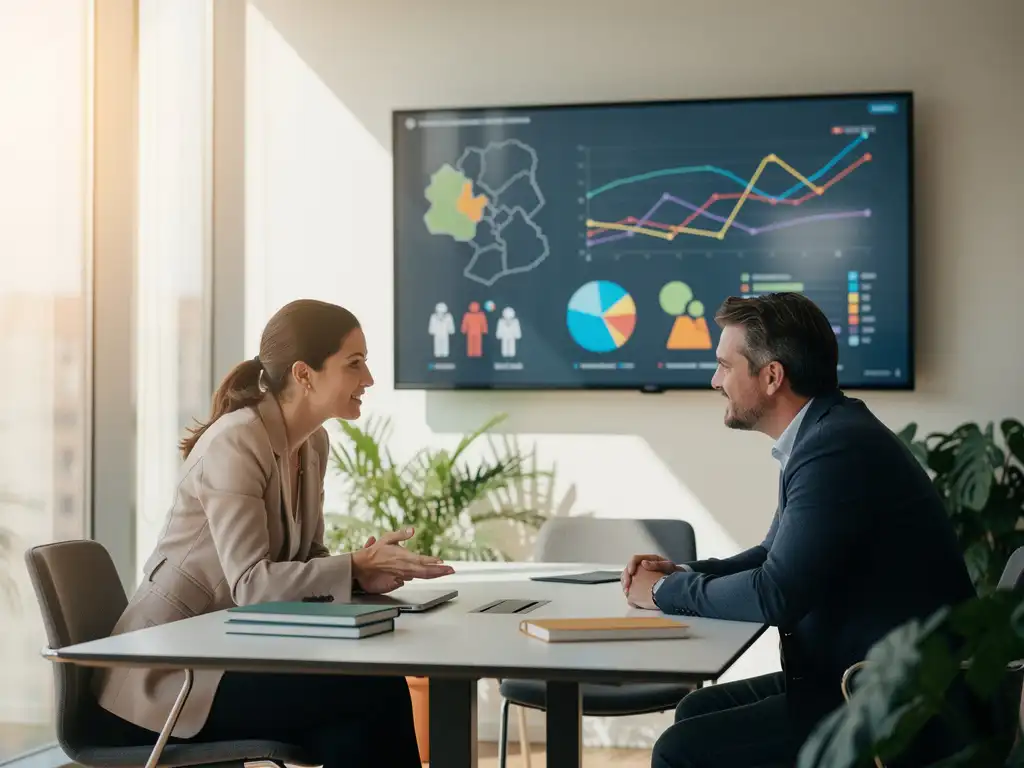 Beleidsmedewerker en data-specialist analyseren regionaal dashboard met sociale indicatoren op groot touchscreen in modern Nederlands kantoor.