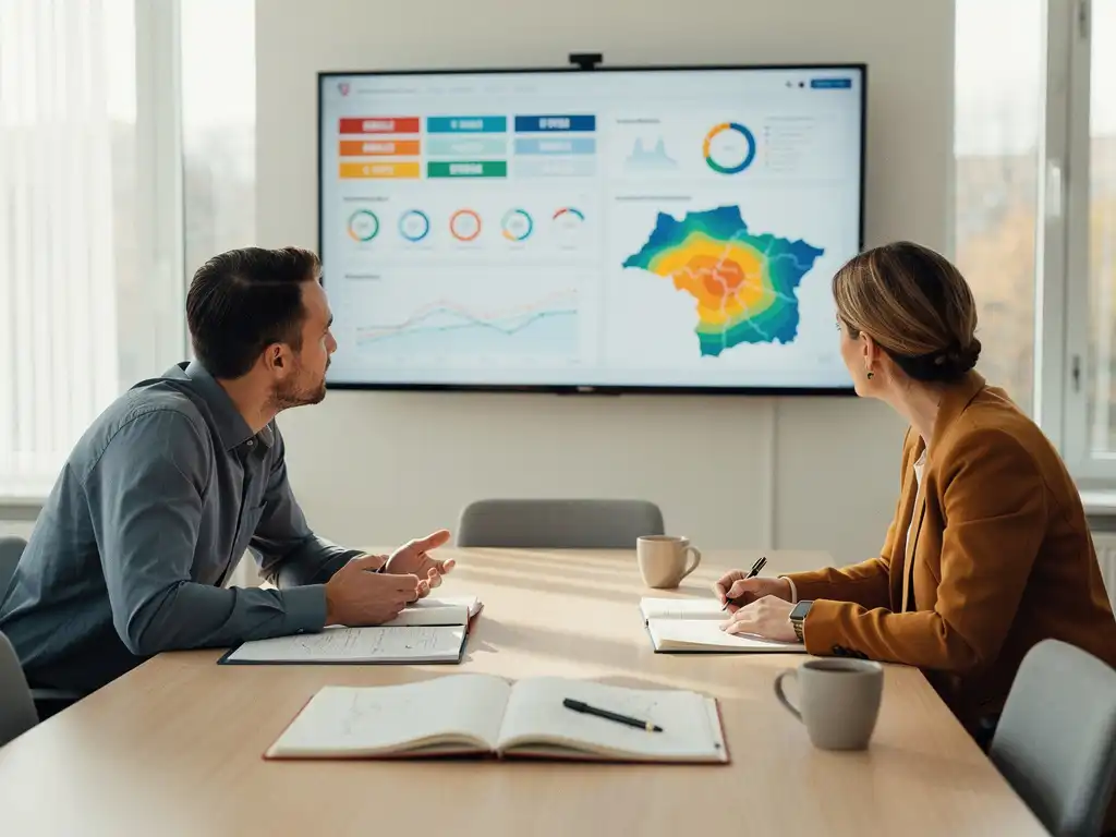 Twee medewerkers in gesprek voor een groot scherm met KPI-dashboards en regionale kaarten in een modern Nederlands gemeentekantoor.