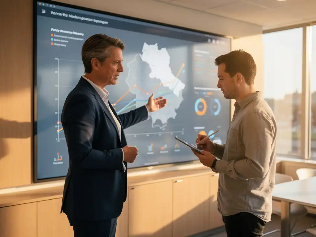 Beleidsmedewerker en data-analist bestuderen een groot dashboard met regionale kaarten en sociale indicatoren in een Nederlands gemeentekantoor.