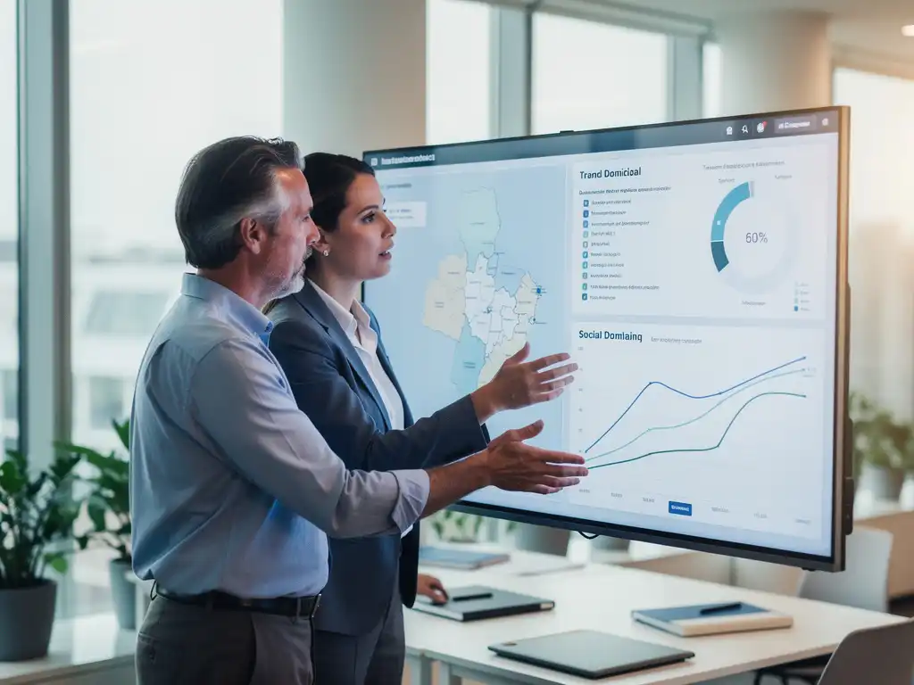 Data-specialist en beleidsmedewerker analyseren regionaal dashboard met sociale indicatoren op groot touchscreen in modern Nederlands kantoor.
