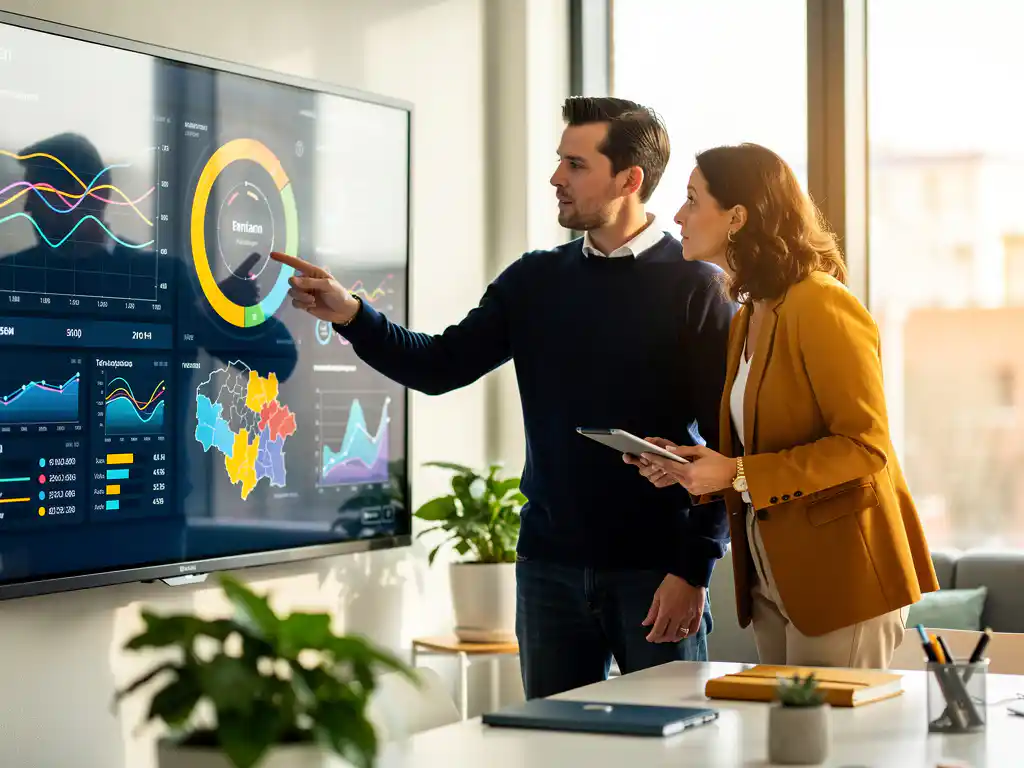 Data-specialist en beleidsmedewerker analyseren regionaal dashboard met grafieken en kaarten op groot touchscreen in modern Nederlands kantoor.