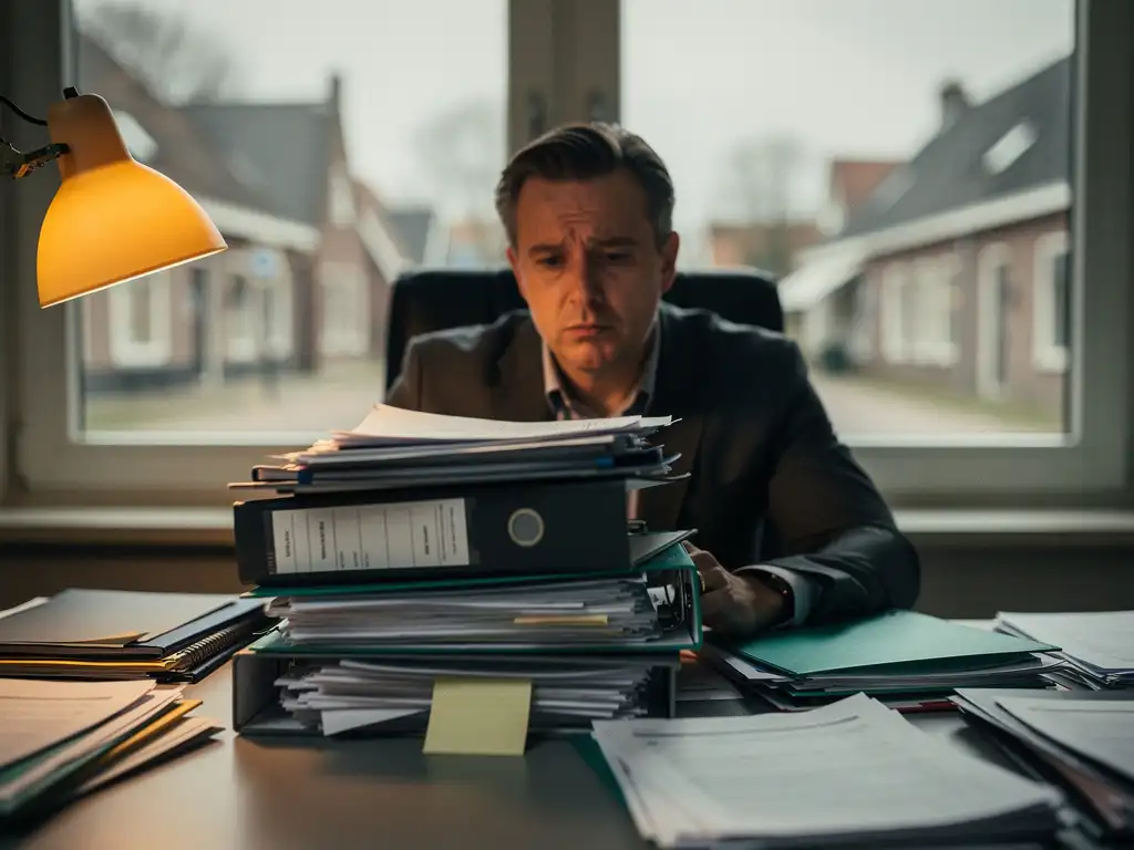 Overweldigde gemeenteambtenaar aan rommelig bureau bezwijkend onder stapel monitoringrapportages, met nauwelijks zichtbaar eenvoudig checklistje eronder.