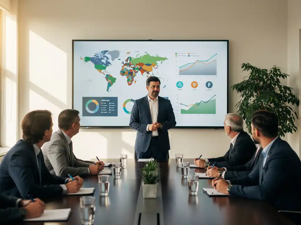 Presentator toont beleidsdashboards met kaarten aan aandachtige gemeenteraadsleden rond een vergadertafel, warm natuurlijk licht.