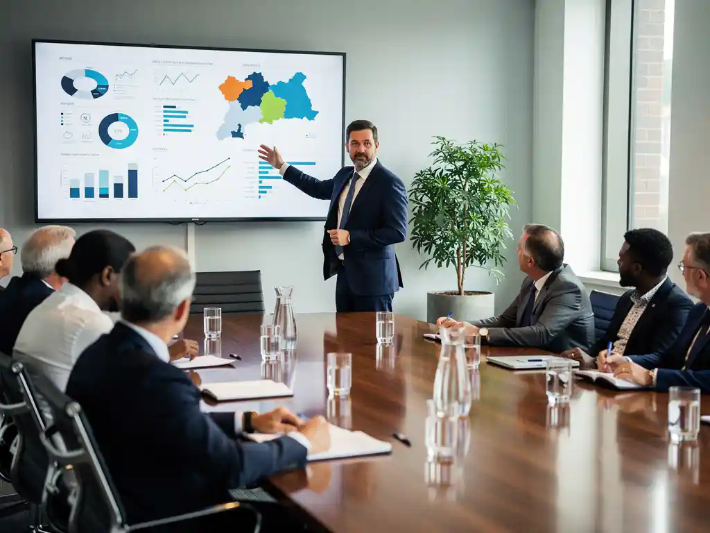 Presentator wijst naar KPI-grafieken en regionale kaarten op conferentiescherm terwijl gemeenteraadsleden aandachtig aan tafel zitten.