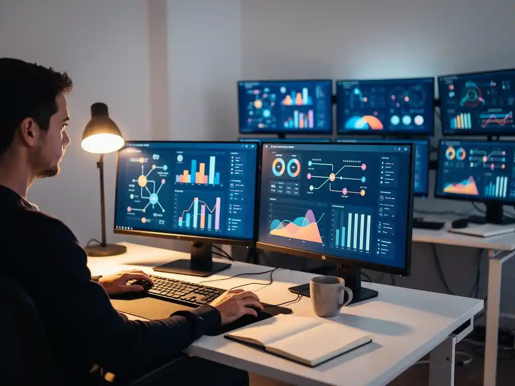 Analist achter meerdere monitors met KPI-dashboards en datavisualisaties in modern kantoor, verlicht door blauw schermgloed en warm bureaulampje.
