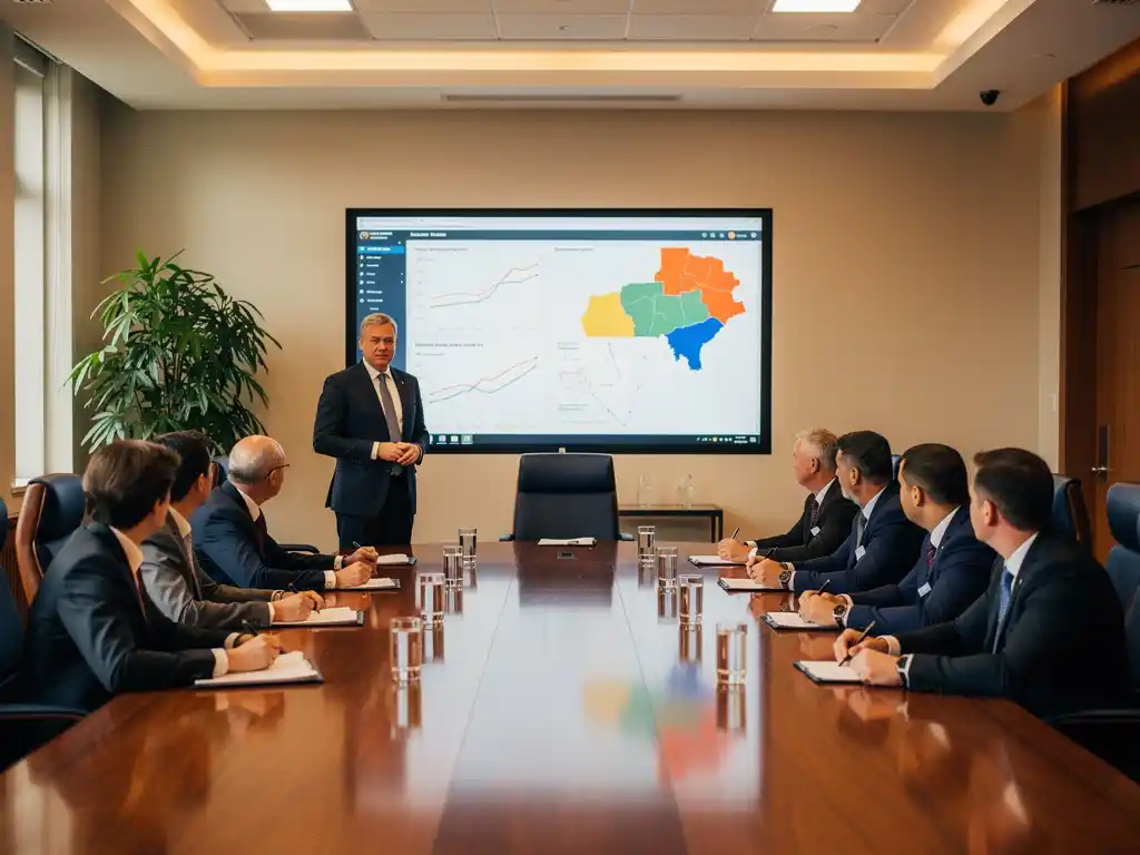 Presentator toont monitoringdashboards met trendgrafieken aan gemeenteraadsleden rond een vergadertafel in een professionele raadzaal.