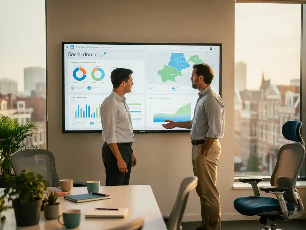 Twee professionals bekijken sociaal domein dashboards op een groot touchscreen in een modern Nederlands kantoor met daglicht en vloer-tot-plafondvensters.