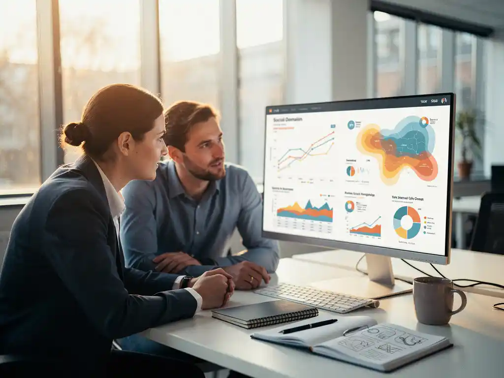 Gemeenteambtenaar en dataspecialist bekijken sociaal domein dashboard met demografische kaarten en kostentrends op groot kantoorscherm.