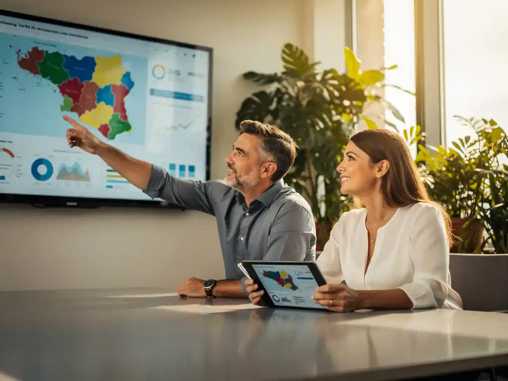 Beleidsmedewerker en data-specialist bekijken samen een sociaal domein dashboard met regionale kaarten op groot scherm in modern kantoor.