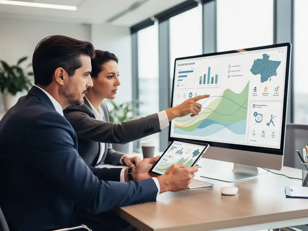Dataspecialist en beleidsmedewerker analyseren sociaal domein dashboard met regionale kaarten en trendlijnen op kantoor.