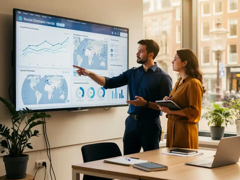 Beleidsmedewerker en data-specialist analyseren sociaal domein dashboard met heatmaps en demografische trends op groot touchscreen in modern Nederlands gemeentekantoor.