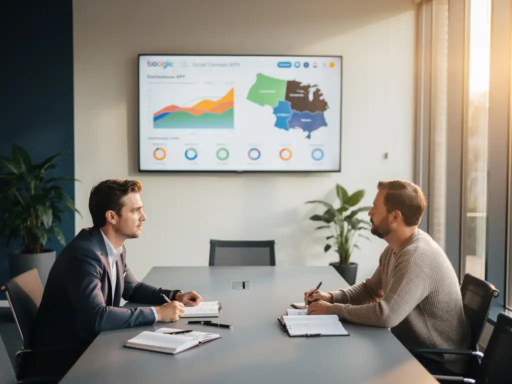 Beleidsmedewerker en data-specialist analyseren KPI-dashboard met sociale domein trends en regionale kaarten in modern gemeentekantoor.
