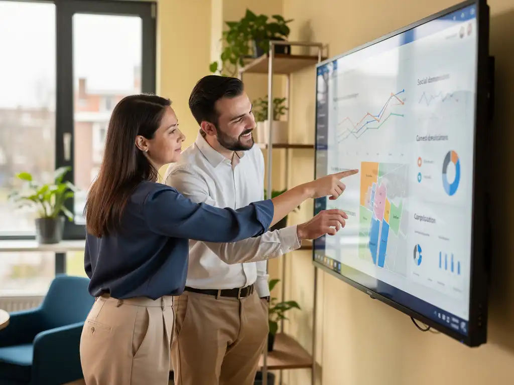 Beleidsmedewerker en data-analist bekijken een touchscreendashboard met zorgtrends en wijkkaarten in een modern Nederlands kantoor.