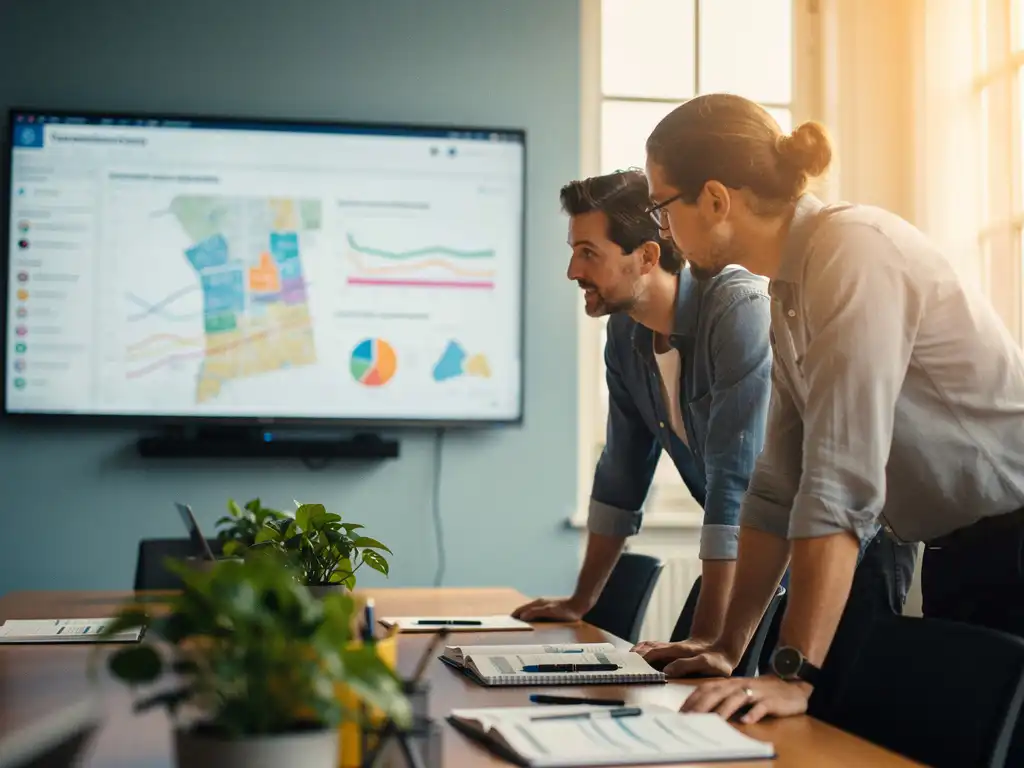 Beleidsmedewerker en dataspecialist bespreken sociaal domein dashboard met trendlijnen en wijkkaarten in Nederlands gemeentekantoor.